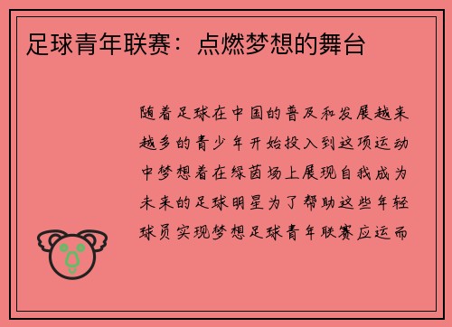 足球青年联赛：点燃梦想的舞台