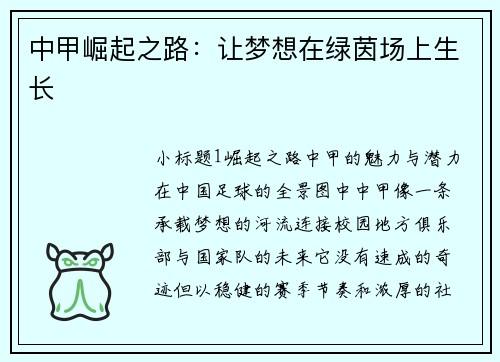 中甲崛起之路：让梦想在绿茵场上生长